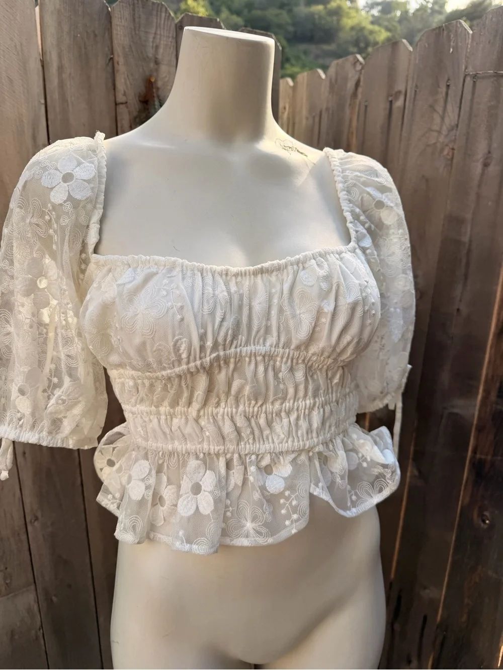 Staud White Lace Smocked Peplum Top XS
